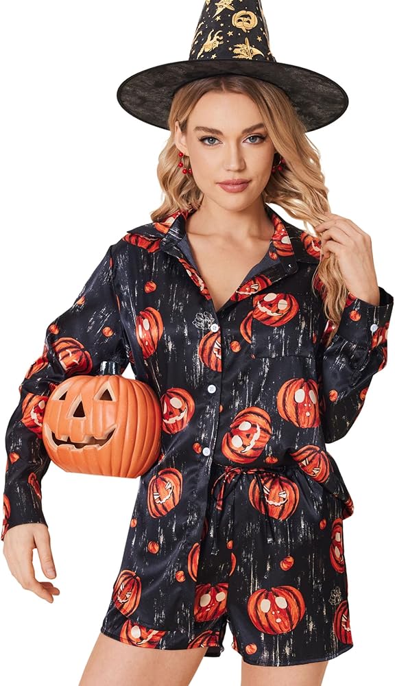 Ekouaer Womens 2 Piece Satin Pajama Set Long Sleeve Lounge Sets Button Down Tops and Shorts PJs Soft Sleepwear Set Halloween XL