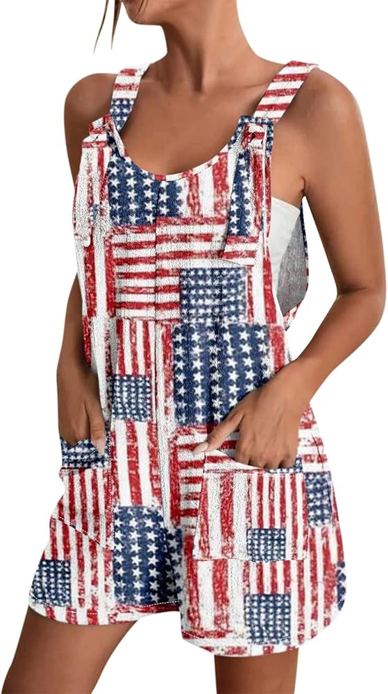 Women's Casual Sleeveless Rompers: Summer Trendy Red White and Blue Strap Overall Shorts with Pockets