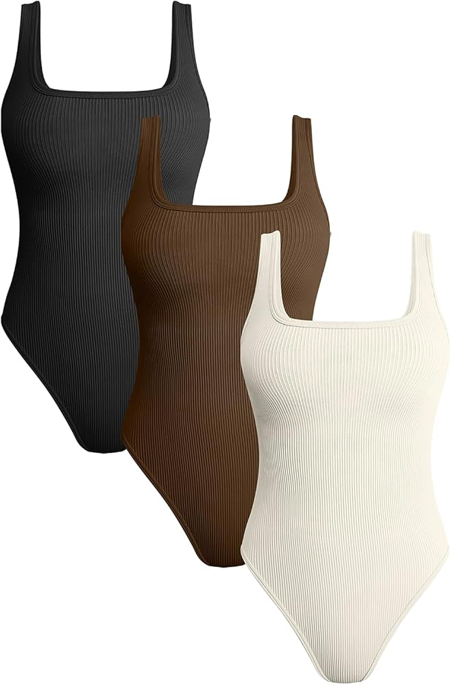 Women's 3 Piece Bodysuits Sexy Ribbed Square Neck Tank Tops Sleeveless Stretch Seamless Thong Bodysuits