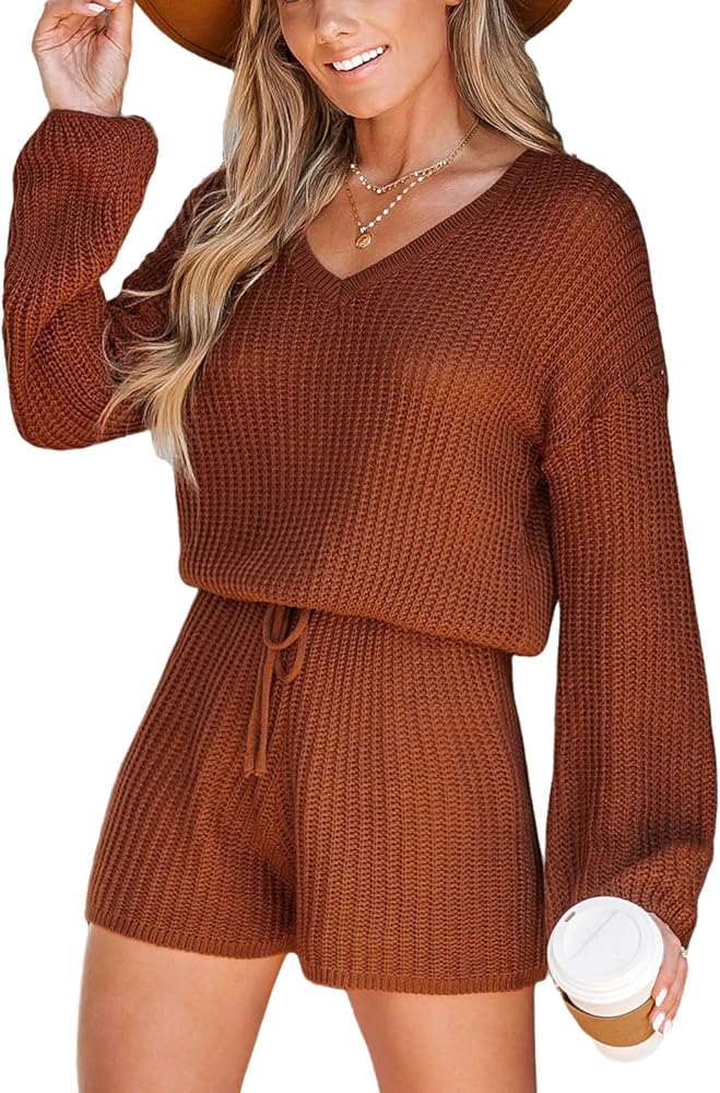 CUPSHE Women's Jumpsuit Long Sleeve V Neck Sweater Romper Overalls Casual Knit Pollover Sweater Jumpsuit