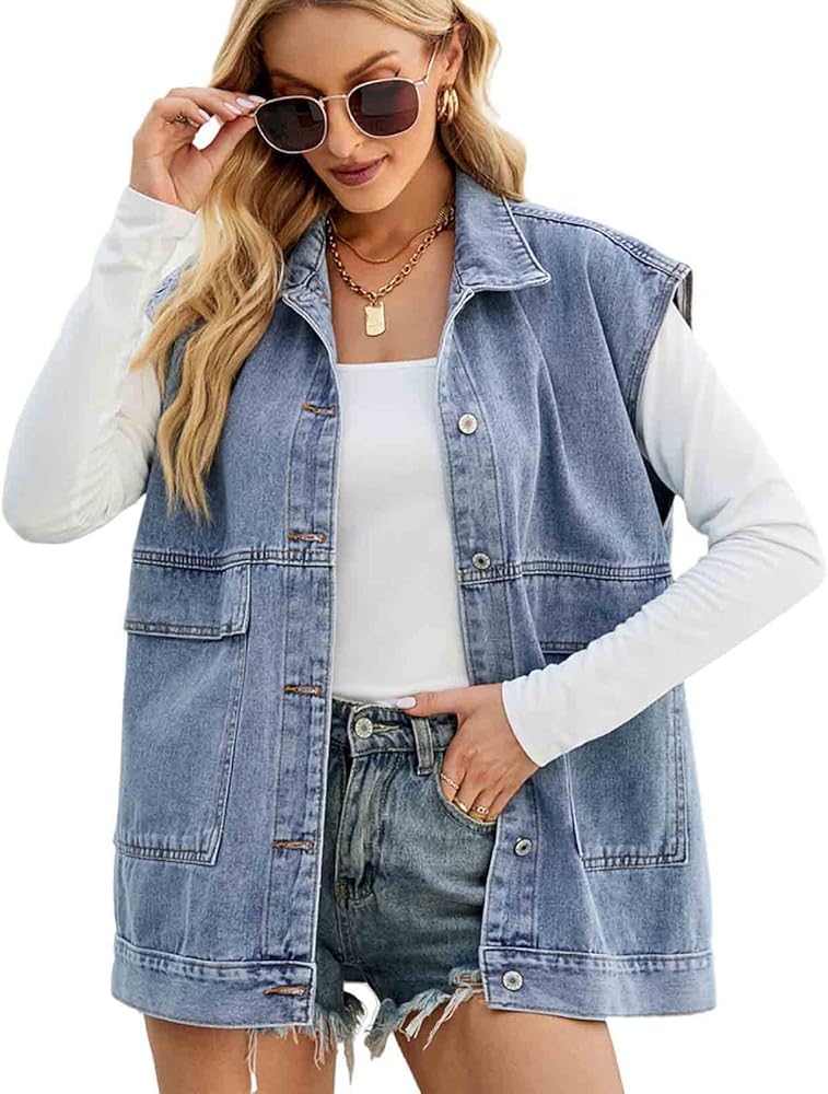 Women's Denim Jean Vest Oversized Sleeveless Button Down Jean Vest Jacket jean jacket women sleeveless