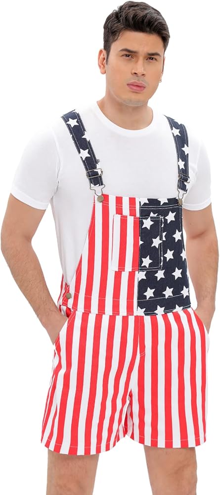 Mens Womens Patriotic American Flag Overalls Denim Bib Shorts Adjustable Strap Jean Rompers Short One Piece Jumpsuit