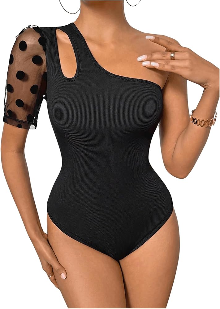 MakeMeChic Women's Casual Polka Dots Sheer Mesh Bodysuit One Shoulder Cut Out Short Sleeve Leotard Shirts Tops