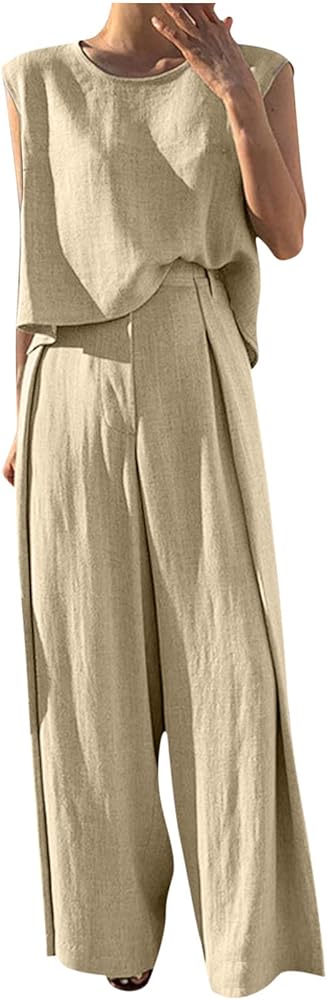 Two Piece Outfits for Women Summer 2023 Casual Linen Sets Top Wide Leg Pants Set Comfy Trendy Going Out Suit Clothes