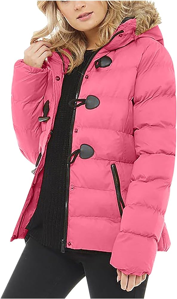 Quilted Jackets for Women Lightweight Horn Button Winter Coat Hooded Parka Jacket Women Waterproof Outwear