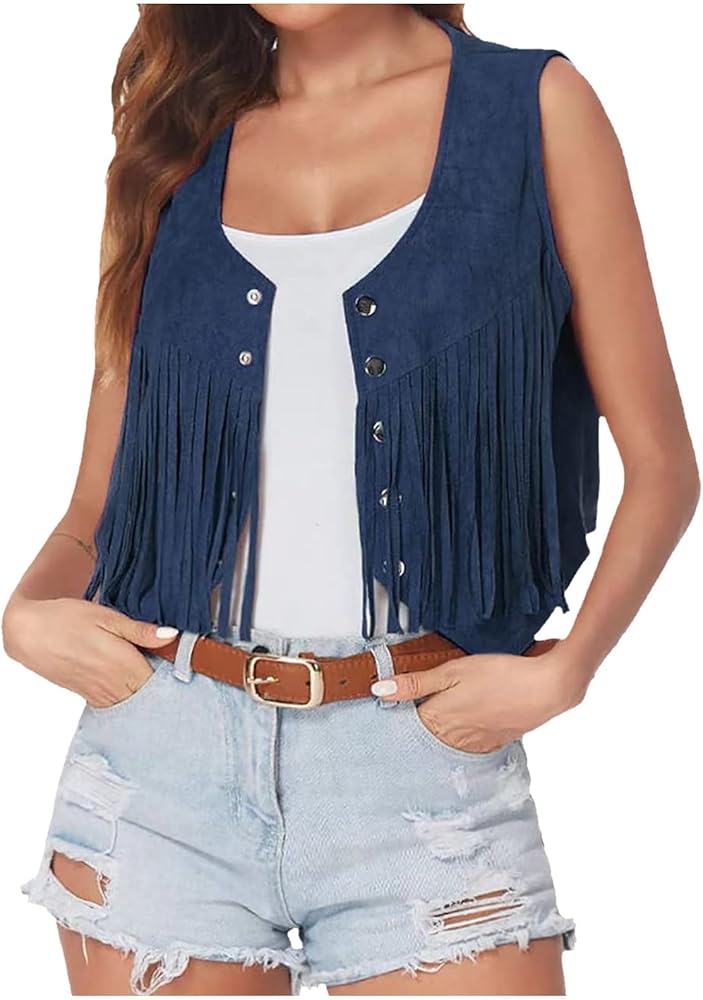 Women's Faux Suede Fringe Trim Crop Vest Jacket 70s Hippie Clothes Button Down Open Front Cardigan Sleeveless Coat