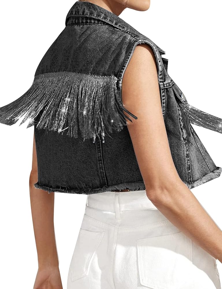 PEHMEA Womens Fringe Denim Vest Tassel Distressed Cropped Sleeveless Jean Jacket