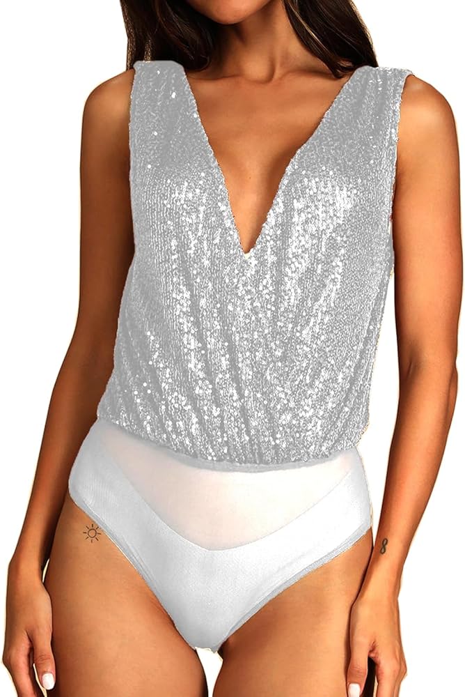 Cresay Women Sequin Sparkly Tops Bodysuit Sleeveless Tank Top Deep V Cowl Back Sexy Vest