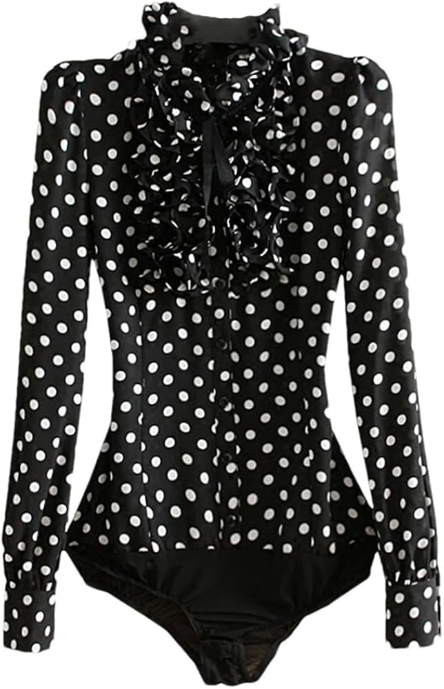 Women's Chiffon Bodysuit Polka Dot Print Slim Fit Long Sleeve Stand Collar Ruffle Casual Tops