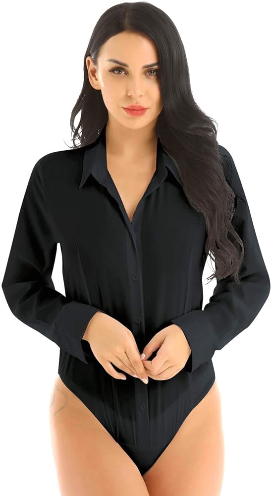 Yeahdor Women's Long Sleeve Button Down Shirt Bodysuit Work Office Career T-Shirt Tops Leotard