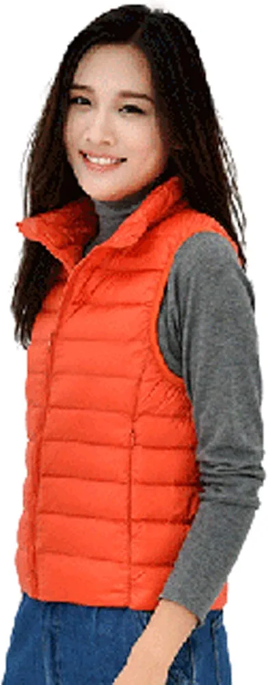 Women's Packable Lightweight Padded Gilet, Down Vest Body Warmer Stand Collar Sleeveless Jacket Windproof Coat for Walking Travelling,Orange,XS