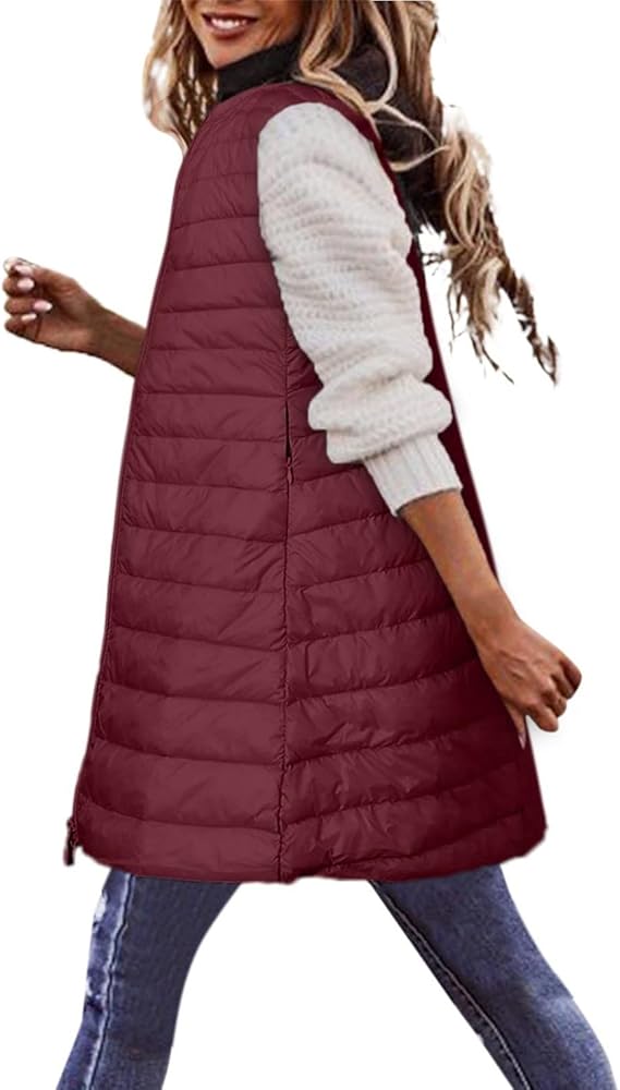 Puffer Vest Women Long Down Hooded Vests Plus Size Winter Sleeveless Zip Up Jacket Thick Warm Coats Outerwear Long Vest for Women Sleeveless Pockets Purple Leather Jacket