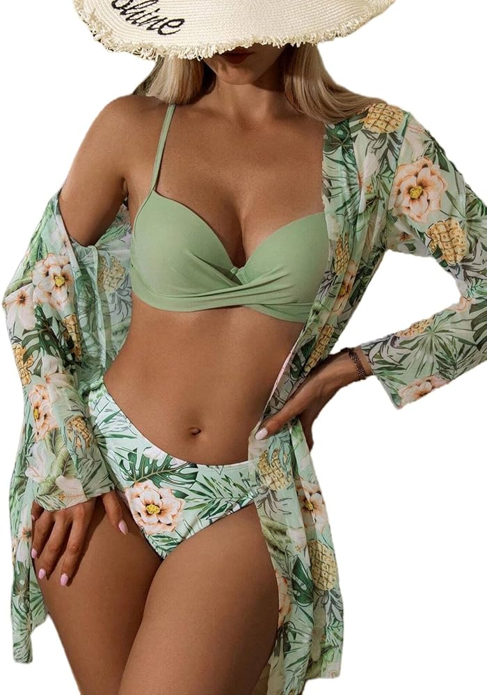 Women's 3 Piece Swimsuits Tropical Push Up Bikini Sets Beach Long Sleeve Bathing Suits with Kimono Cover Up