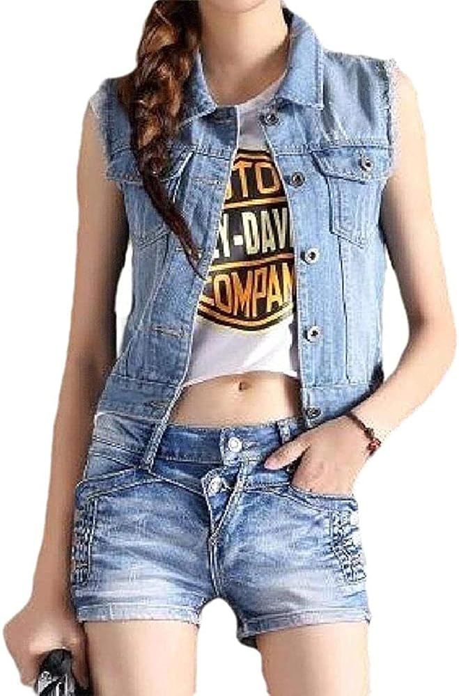 Women Cut Off Regular Fit Classic Distress Sleeveless Sleeveless Denim Vest Waistcoat Jacket