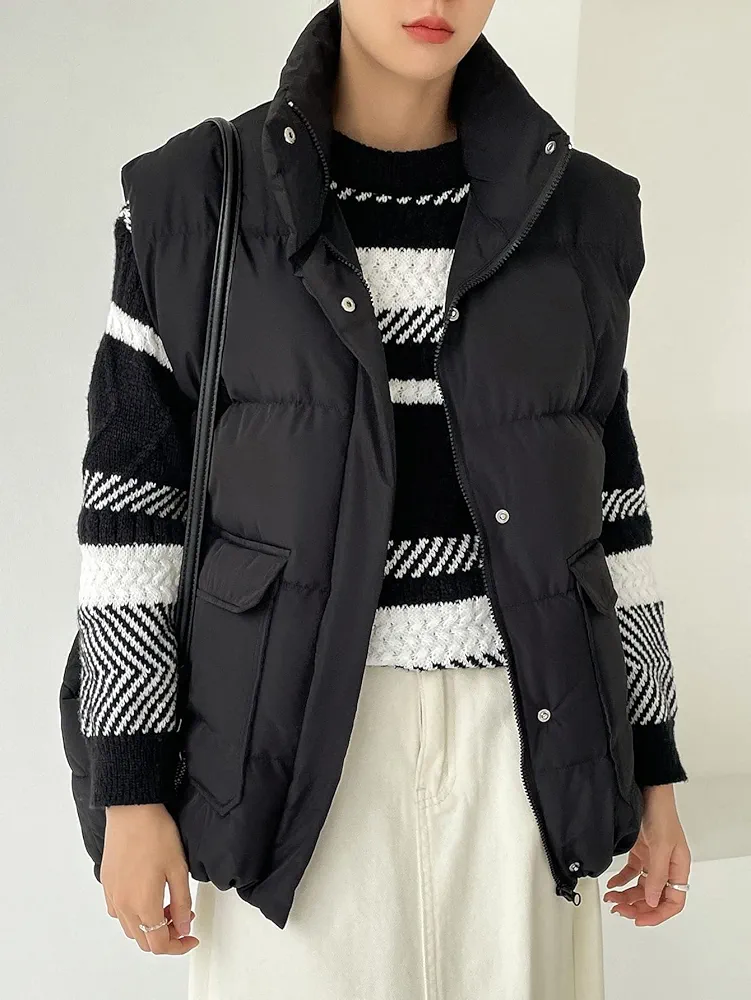 Jacket Women Zipper Front Flap Pocket Vest Puffer Coat Jacket Women (Color : Black, Size : X-Small)