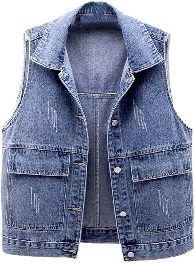 Summer Women Denim Vest Jacket Splicing Short Waistcoat Teens Casual Sleeveless Outerwear Slim Big Pocket