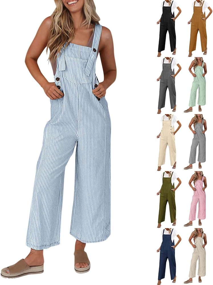 Vertical Stripe Jumpsuit Women 2024 Summer Dressy Button Linen Jumpsuit Sleeveless Wide Leg Bib Overalls with Pockets