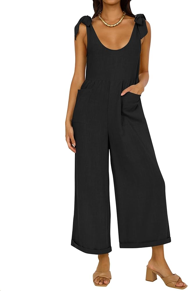 ZESICA Women's Summer Loose Sleeveless Jumpsuits Linen Adjustable Straps Oversized Wide Leg Long Overall Rompers with Pockets