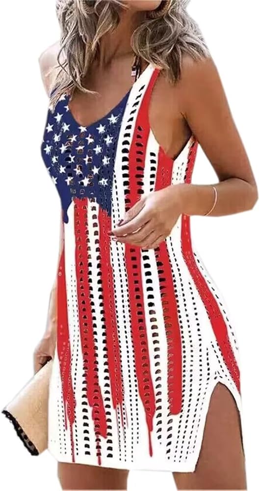 AIMITAG American Flag Dress Womens Hollow Out Slit Crochet Cover Up Sleeveless Tank Dress 4th of July Beach Swimwear Dresses