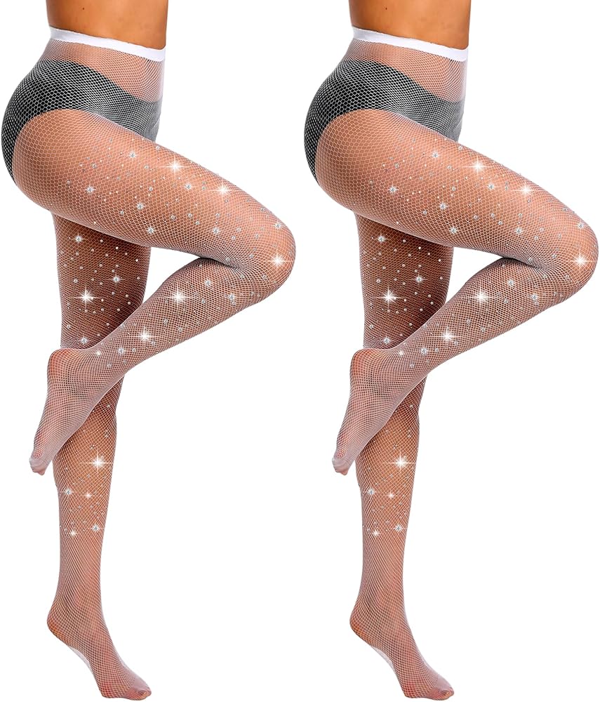 MANZI 2 Pairs Rhinestone Fishnet Tights for Women High Waist Glitter Fishnet Stockings Sparkly