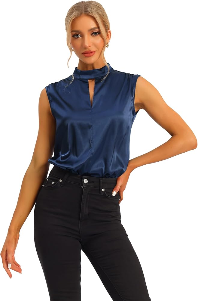 Allegra K Women's Satin Blouse Sleeveless Cut Out Mock Neck Work Office Leotard Bodysuit Blouse Top