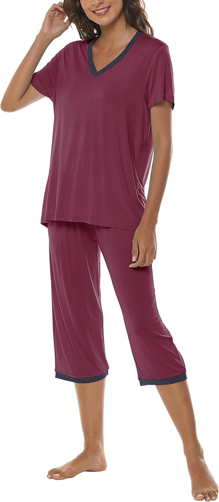 MoFiz Women's Capri Pajama Sets Short Sleeve Sleepwear Tops with Capri Pants 2 Piece V Neck Summer Pjs with Pockets