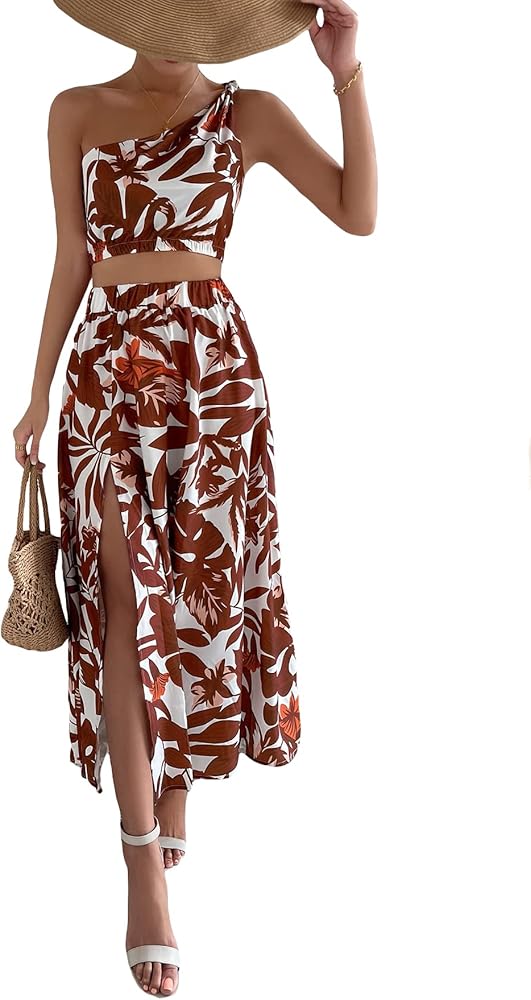 MakeMeChic Women's Summer 2 Piece Outfits Tropical One Shoulder Crop Tank Top Split Long Skirt Set