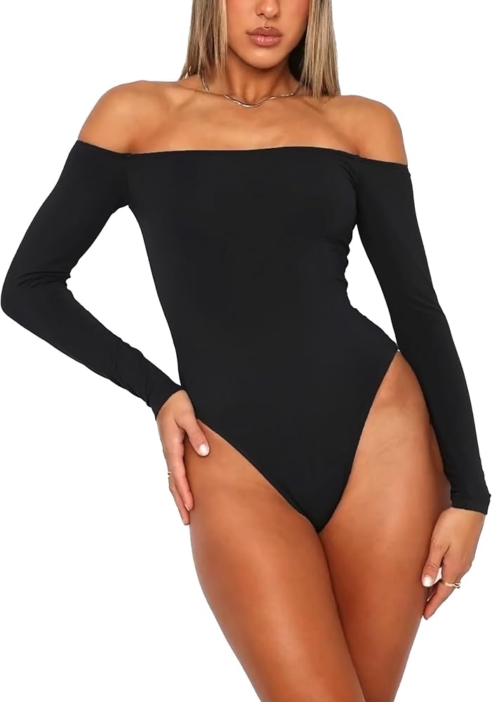 Women's Strapless Long Sleeve Tops Bodysuit Backless Jumpsuit One Piece Off Shoulder Tight Slim Top