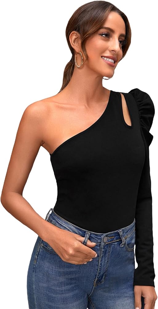 WDIRARA Women's Mesh Long Lantern Sleeve Square Neck Solid Skinny Bodysuit Top