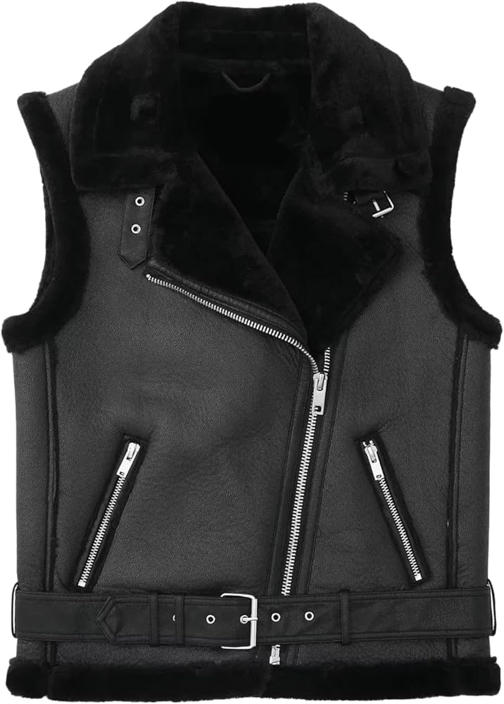 Women’s Black Shearling Faux Fur Double-Faced Waistcoat Warm Winter Motorcycle Real Lambskin Leather Vest.