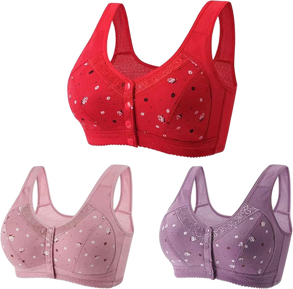 3 Pack Bras for Older Womens Convenient Front Button Bra Confortable Snap Sleep Bras Support Back No Underwire Bra