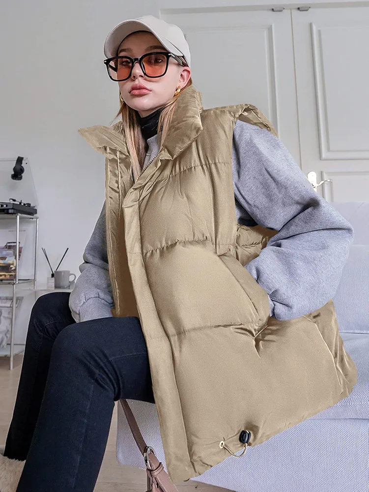 Women's Jackets Zip Up Snap Button Drawstring Puffer Vest Coat Women Jackets (Color : Khaki, Size : X-Small)