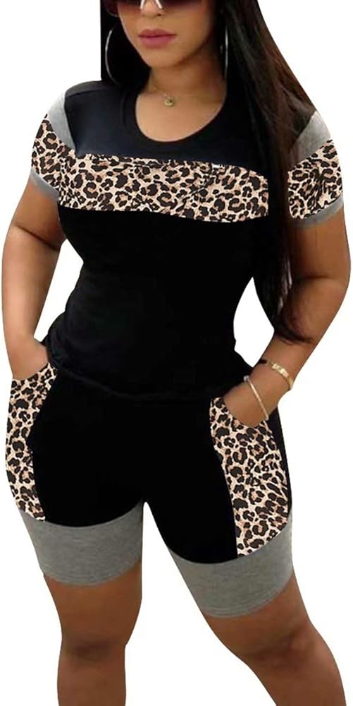 Women Leopard 2 Piece Outfit Shorts and Shirt Set Color Block Tracksuit