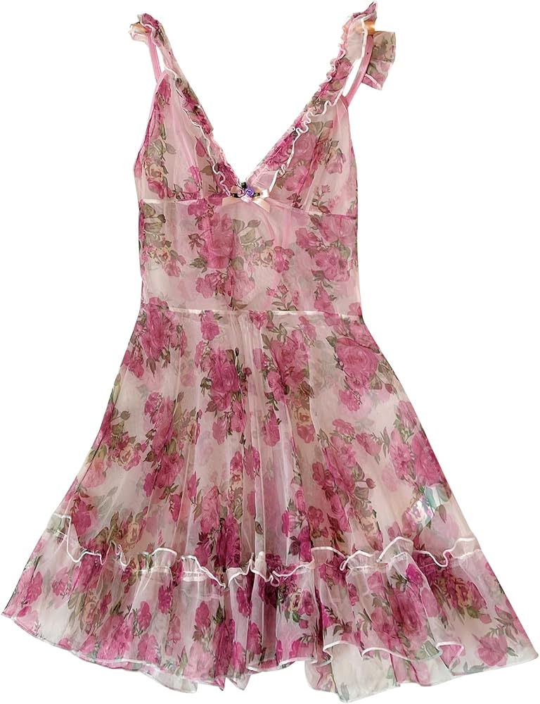 Verdusa Women's Floral Print Mesh Frilled V Neck Nightgown Sleepwear Mini Slip Chemise