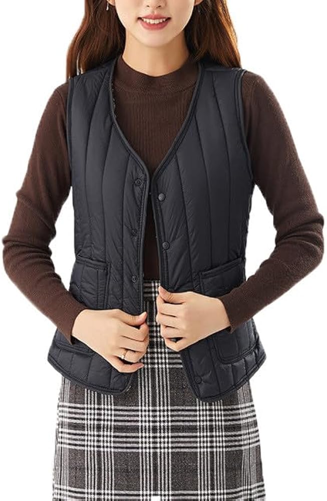 Womens Slim Packable Lightweight Quilted Short Puffer Vest V Neck Snap Closure Warm Vest for Women