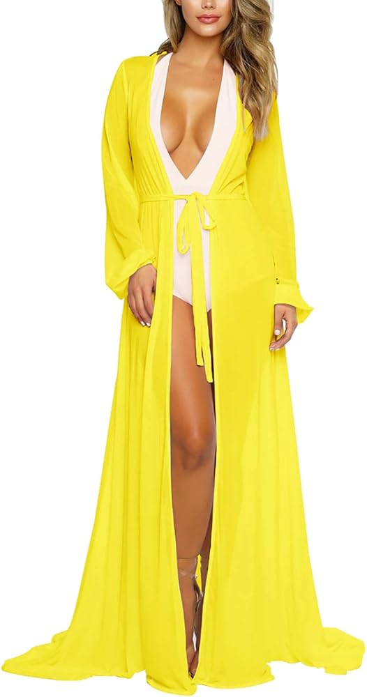 Pink Queen Women's Long Sleeve Flowy Maxi Swimsuit Tie Front Robe Cover Up