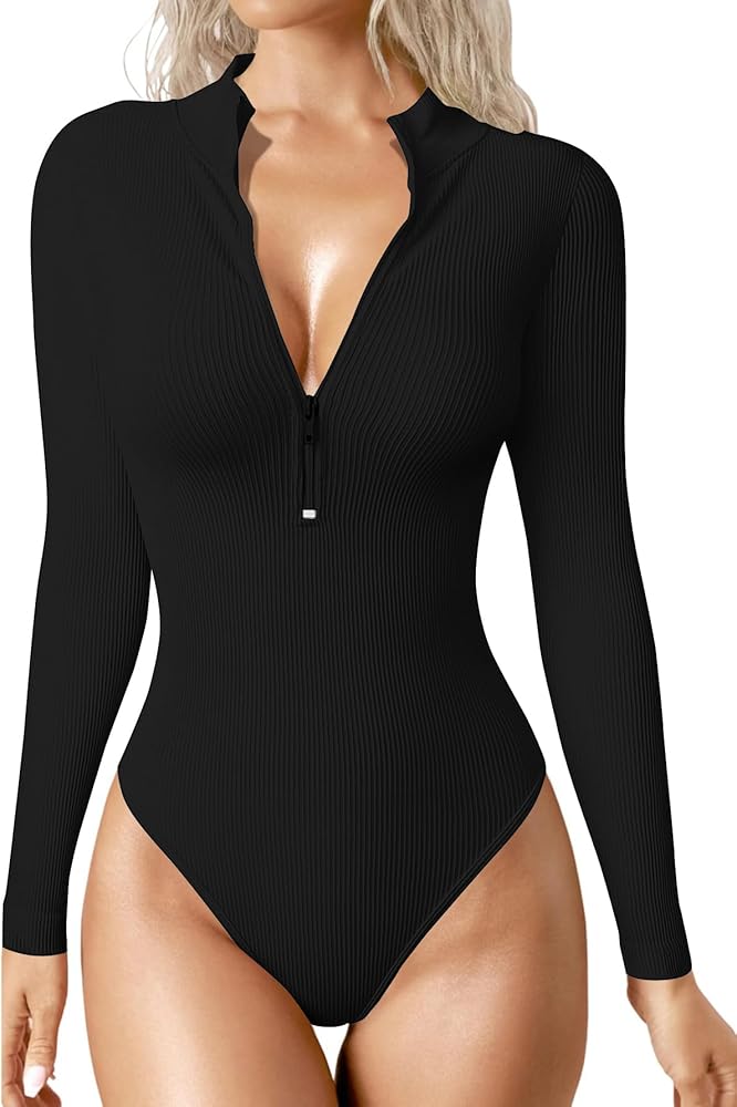 Vrtige Women's Mock Neck Zipper Front Ribbed Long Sleeve Bodysuit Leotard Top