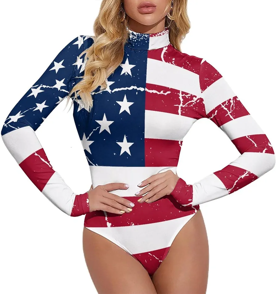 American Flag T-Shirt Women's Mock Turtle Neck Long Sleeve Tops Bodysuit Jumpsuit M