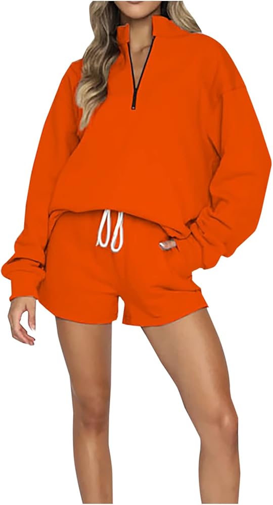 Womens 2 Piece Outfits Sweatsuit Oversized 1/4 Zip Up Sweatshirt And Shorts Matching Set Casual Trendy Tracksuit