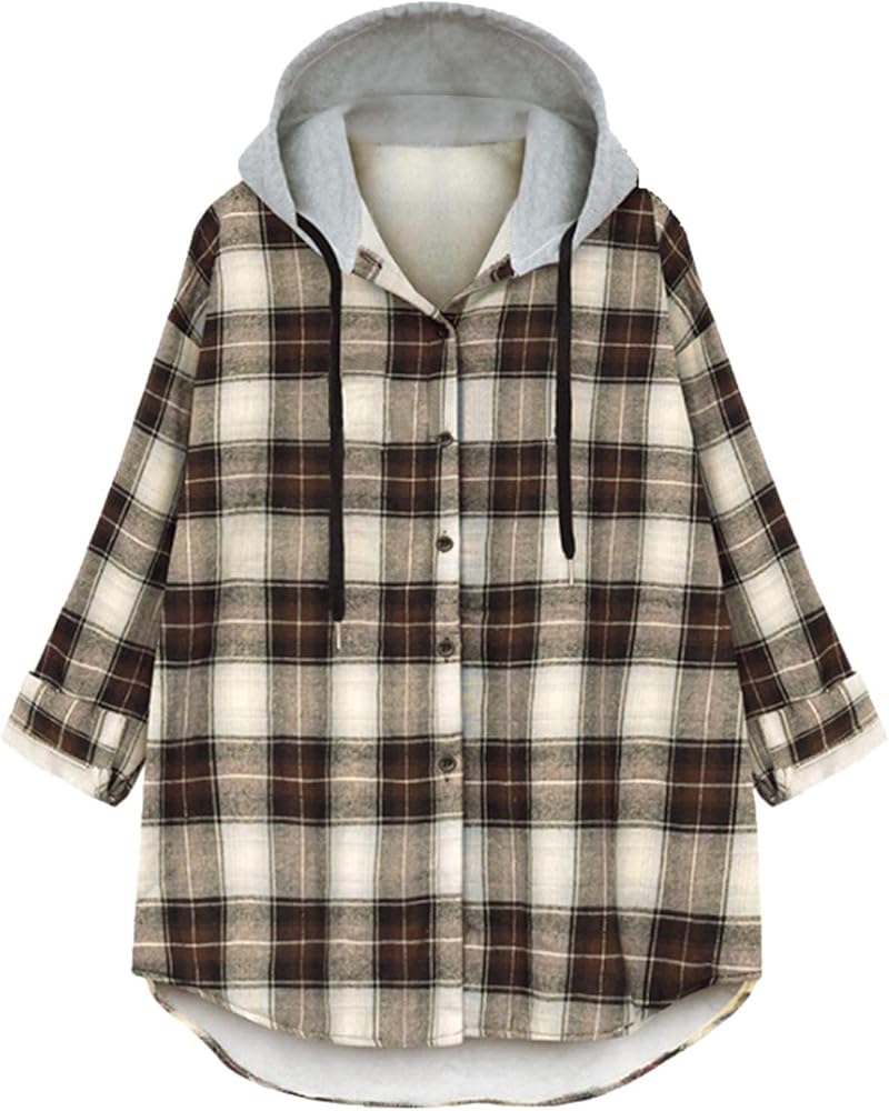 Womens Plaid Shacket Jacket Hooded Plus Size Fleece Cardigans Overcoat Casual Plush Button Oversize Fuzzy Shirt Coats