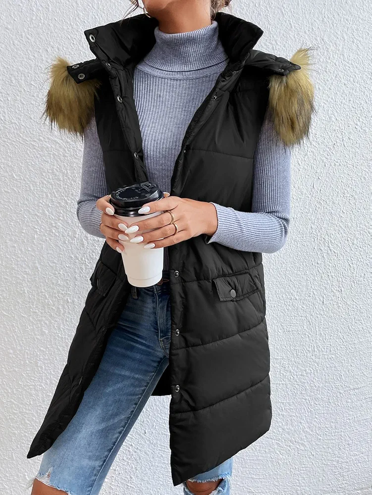 Jackets for Women - 1pc Fuzzy Trim Hooded Vest Puffer Coat (Color : Black, Size : X-Small)