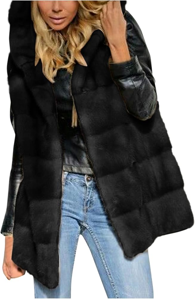 Women's Faux Fur Gilet Vests Thick Fleece Jacket Coat Fuzzy Fleece Sleeveless Hoodie Waistcoat Body Fall/Winter Warmer Solid Vest Hooded Sweater Outwear Tops with Pocket(Black S)