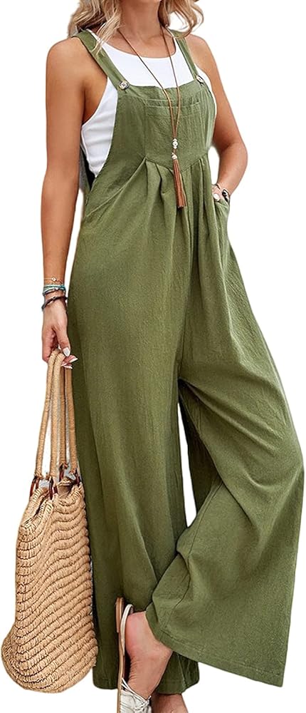 loveimgs Women's Summer Sleeveless Straps Bib Overalls Wide Leg Jumpsuits Long Pants Rompers with Pockets