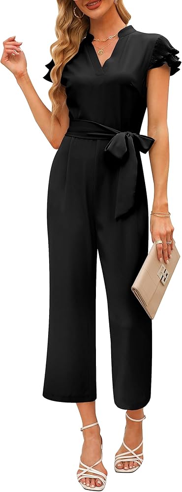 Women's Ruffle Sleeve Jumpsuits Business Casual Jumpsuit Belted V Neck Overalls Cropped Pant One-Piece Outfits