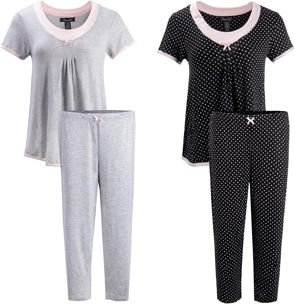 Rene Rofe Women's 2 Pack Short Sleeve Top and Capri Pant Pajama Sleep Loungewear Set - Value Pack