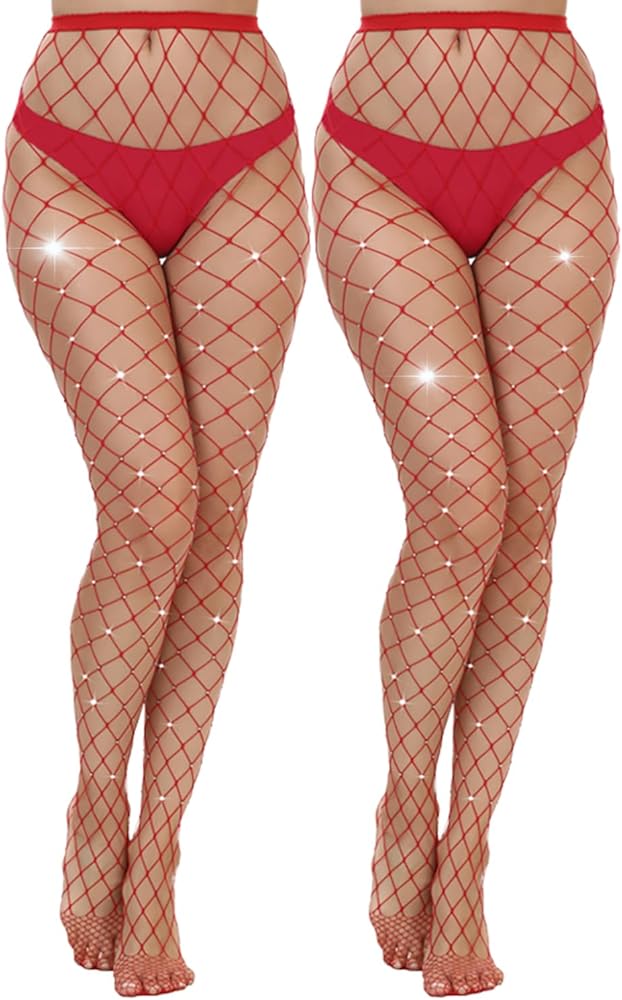 2 Pairs Rhinestone Fishnet Stockings Glitter Pantyhose High Waist Mesh Stockings for Women