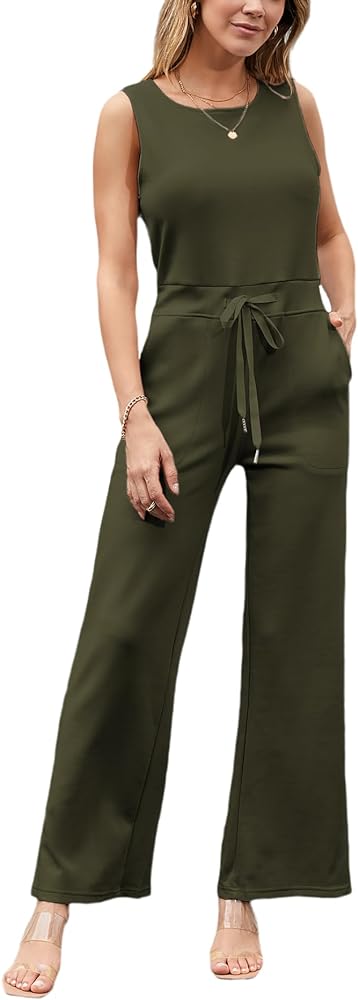 Womens Casual Air Essentials Jumpsuit Sleeveless Belted Wide Leg Pants Romper