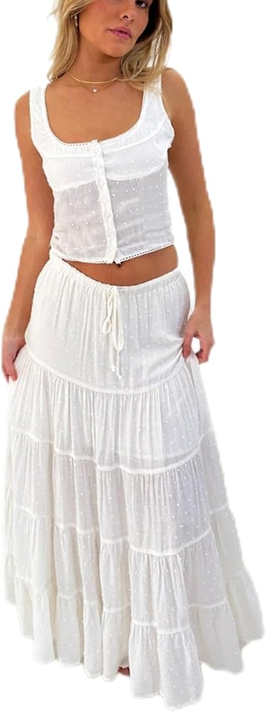 Women Y2k Maxi Skirt Sets Ruffle Cami Crop Top Tiered Pleated Long Skirt 2 Piece Outfits Summer Casual Beachwear