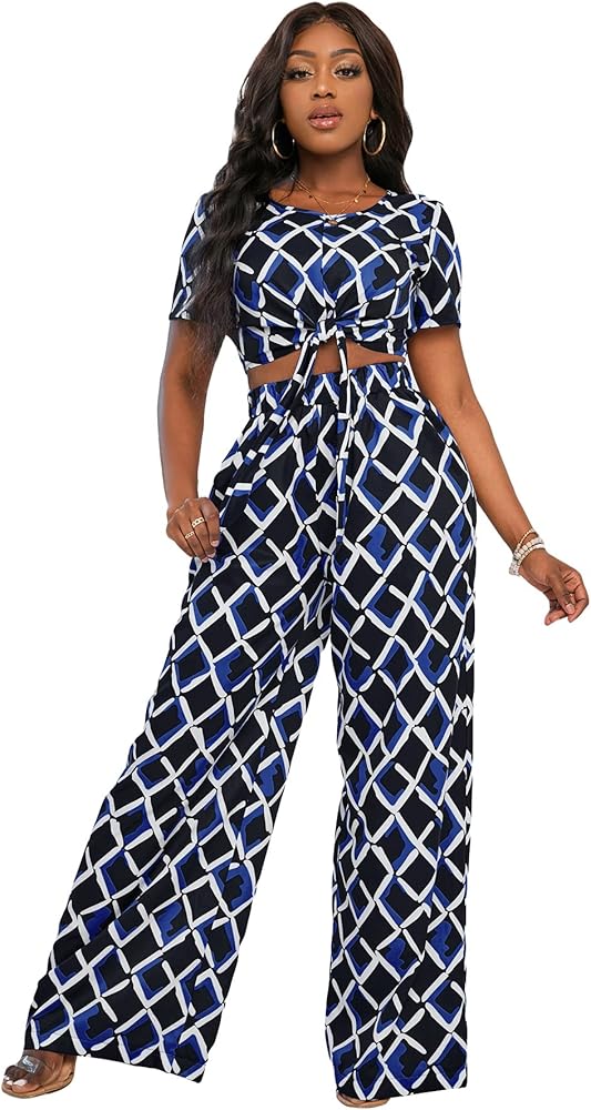 Floerns Women's Argyle Print Two Piece Outfit Tie Front Crop Top Wide Leg Long Pants Set