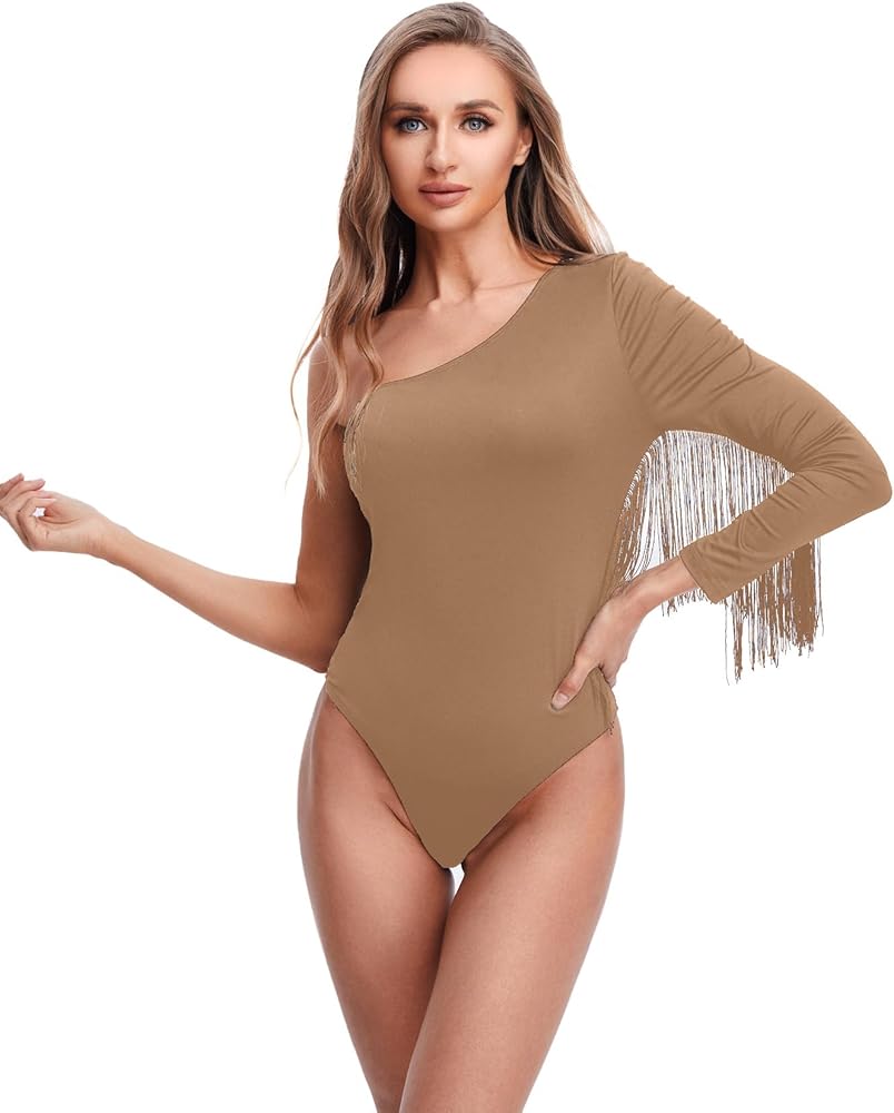 Milumia Women's One Shoulder Bodysuit Fringe Trim Long Sleeve One Piece Top